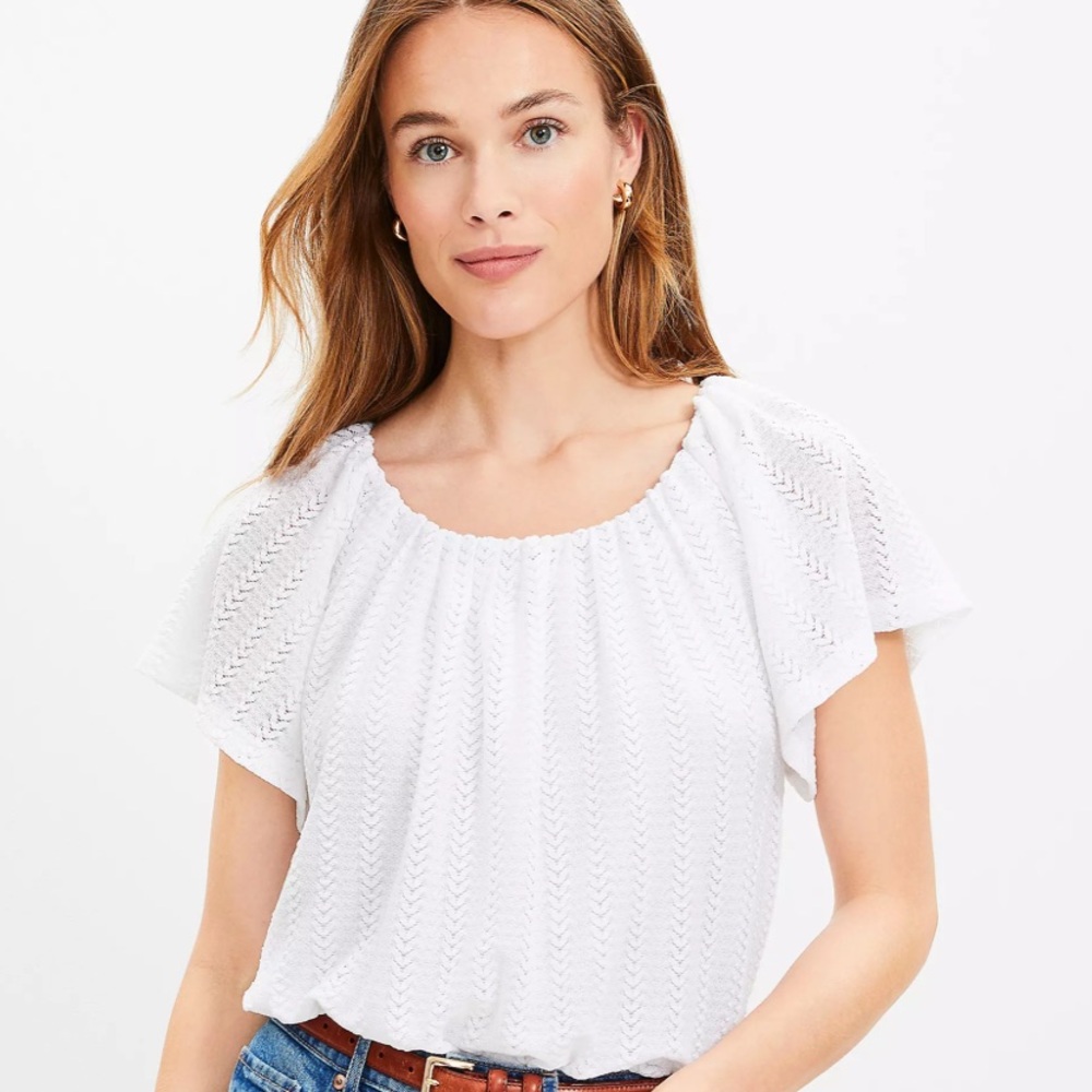 LOFT White Flowy Braided Textured Lace Flutter Sleeve Top Women’s Large